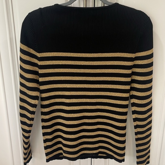Lauren Ralph Lauren black gold metallic ribbed stripe knit crew neck sweater PL - Picture 7 of 14